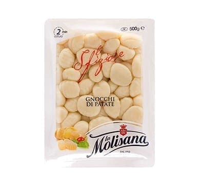 500g La Molisana potato gnocchi package, labeled "Sfiziose," with 2-minute cooking time.