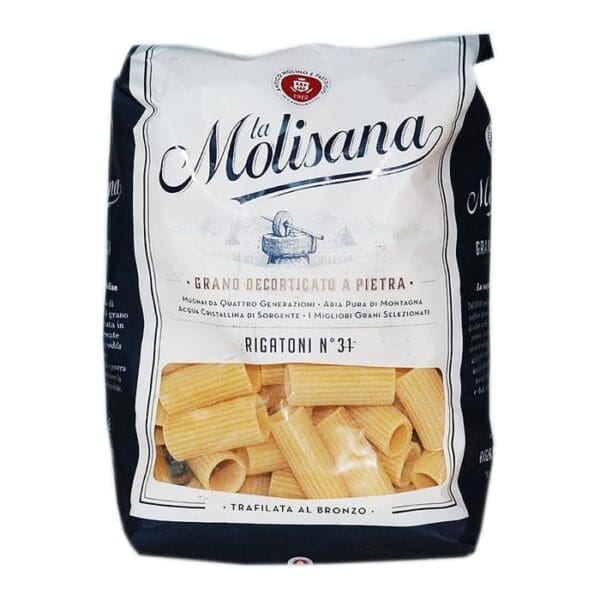 La Molisana Rigatoni No. 31 pasta package with white and black design.