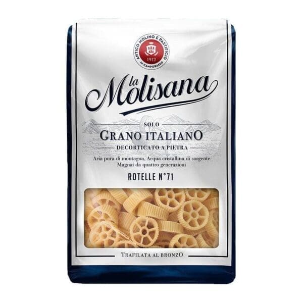 Package of la Molisana Rotelle No. 71 pasta, Grano Italiano, stone-milled, bronze-drawn.