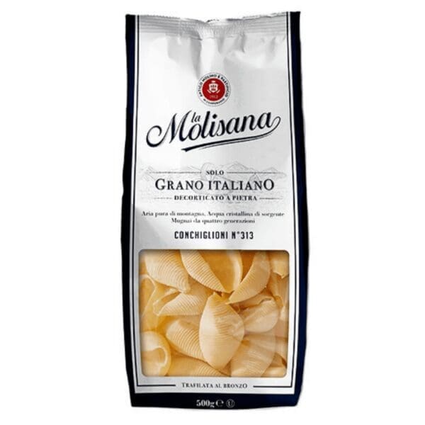 La Molisana Conchiglioni N°313 pasta, 500g, Solo Grano Italiano, shell-shaped, window view.