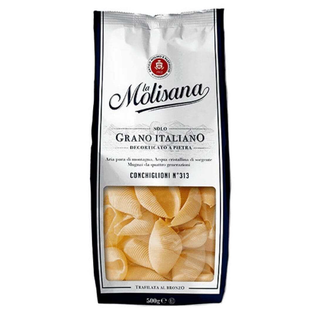 La Molisana Conchiglioni N°313 pasta, 500g, Solo Grano Italiano, shell-shaped, window view.
