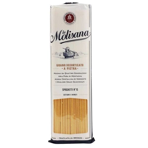 Package of La Molisana Spaghetti No. 15 with cooking time and milling details.