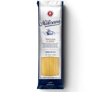 La Molisana spaghetti package, white and blue, with visible pasta and product details.