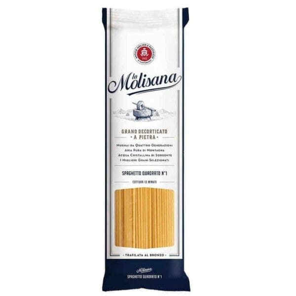 La Molisana Spaghetto Quadrato No. 1 pasta pack, 13-min cook time, white with blue details.