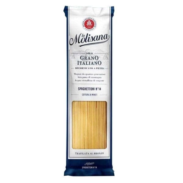La Molisana Spaghettoni N°14 package showing pasta, cooking time, and Italian origin details.