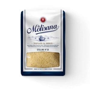 La Molisana Stelline No. 59 pasta, 100% durum wheat semolina, white-blue packaging with window.