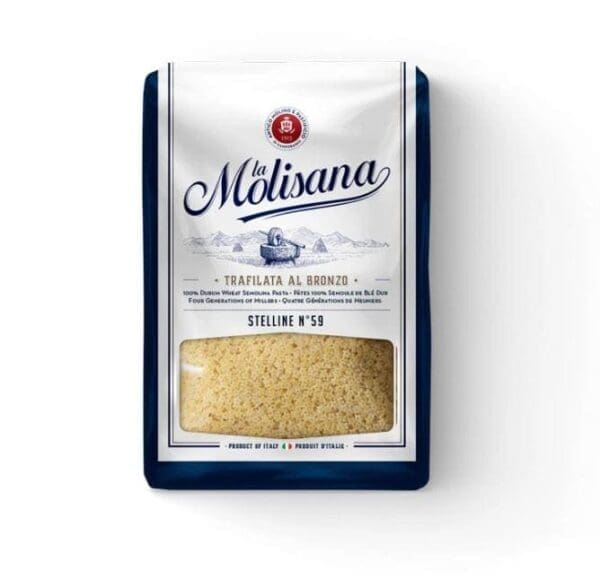 La Molisana Stelline No. 59 pasta, 100% durum wheat semolina, white-blue packaging with window.