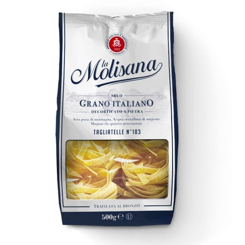 La Molisana tagliatelle pasta, 500g, 100% Italian wheat, blue/white packaging, window view.