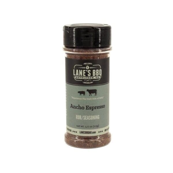 Lane's BBQ Ancho Espresso seasoning jar, 4.0 oz, with black lid and label.