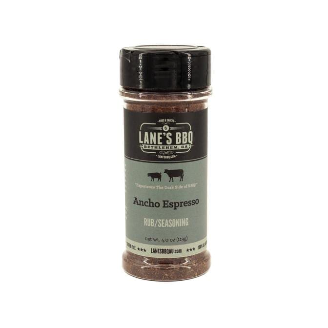 Lane's BBQ Ancho Espresso seasoning jar, 4.0 oz, with black lid and label.