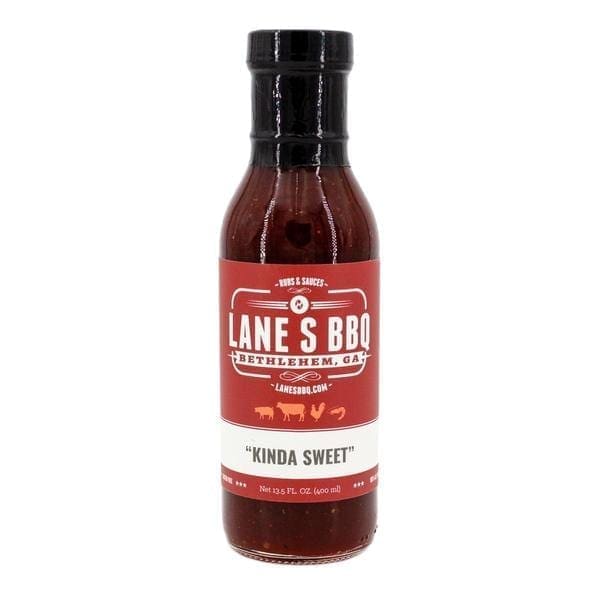 Lane's BBQ "Kinda Sweet" sauce, 12.5 oz, Bethlehem, GA, red label with farm icons.
