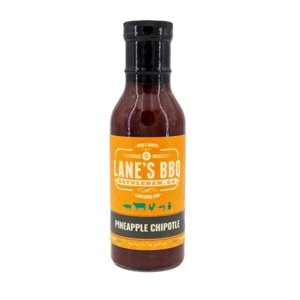 Lane's BBQ Pineapple Chipotle sauce bottle, 13.5 oz, orange label, Bethlehem, GA.