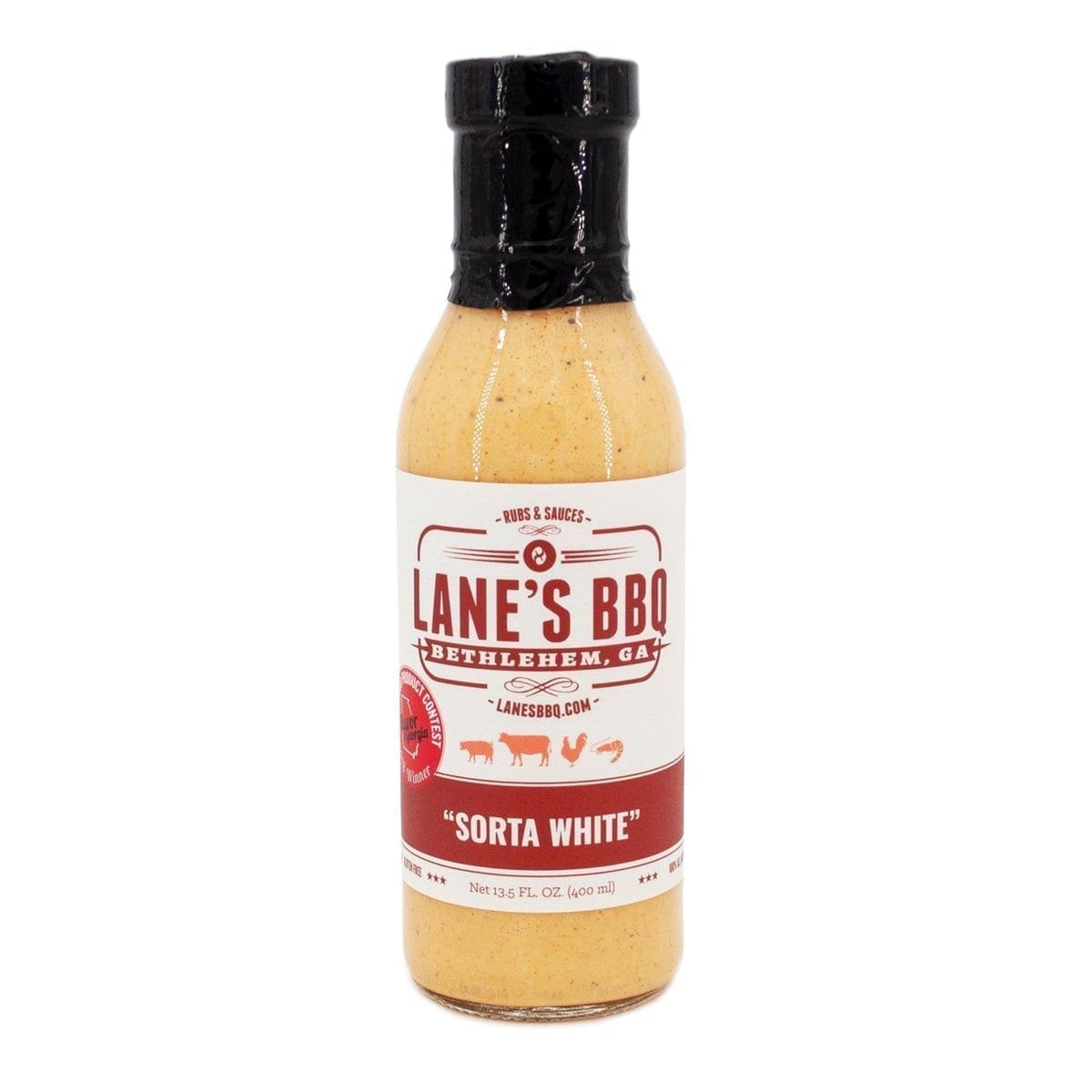 Lane's BBQ Sorta White sauce bottle, 13.5 oz, from Bethlehem, GA, red/white label with meat icons.