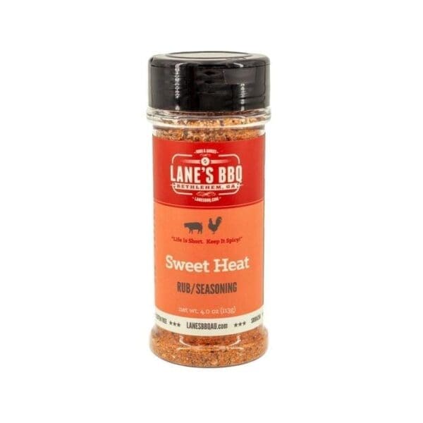 Lane's BBQ Sweet Heat rub, 4 oz, pig and chicken art, Bethlehem, GA, lanesbbqau.com.