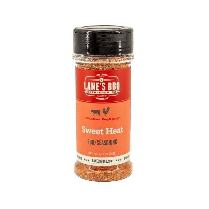 Lane's BBQ Sweet Heat rub, 4 oz, pig and chicken art, Bethlehem, GA, lanesbbqau.com.