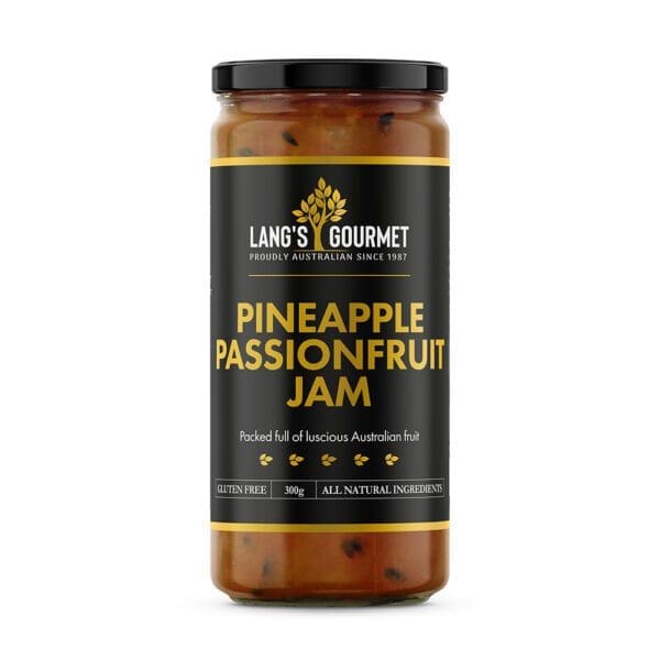 Lang's Gourmet Pineapple Passionfruit Jam, Australian fruit, gluten-free, 300g, black label.