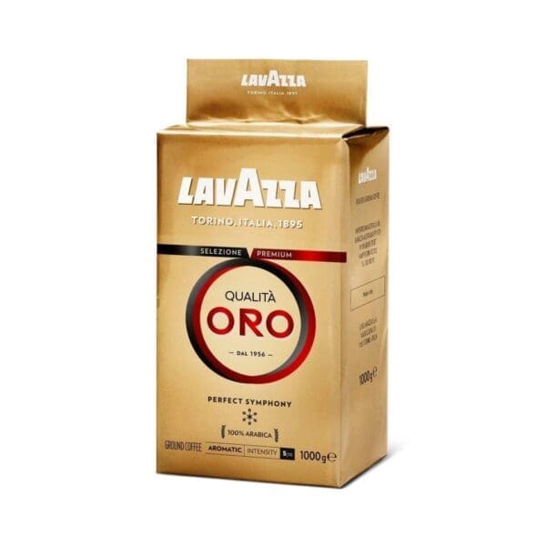 Lavazza Qualità Oro coffee package, 100% Arabica, 1000g, Torino, Italy, since 1895, intensity 5/10.