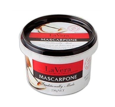 Container of LaVera mascarpone, red and white label, 250g, traditionally made.