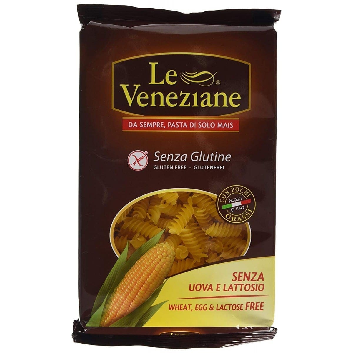 Le Veneziane gluten-free corn pasta package, free of wheat, egg, and lactose, from Italy.