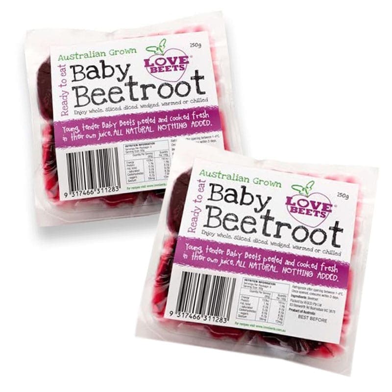 Two packs of Love Beets baby beets, Australian grown, 250g, ready-to-eat, no added ingredients.
