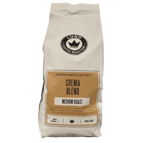 Beige bag of LUND Coffee Roasters' Crema Blend Medium Roast, 1kg whole beans, specialty coffee.
