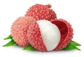 Three lychee fruits with pinkish-red skins, one peeled to show white flesh, on green leaves.