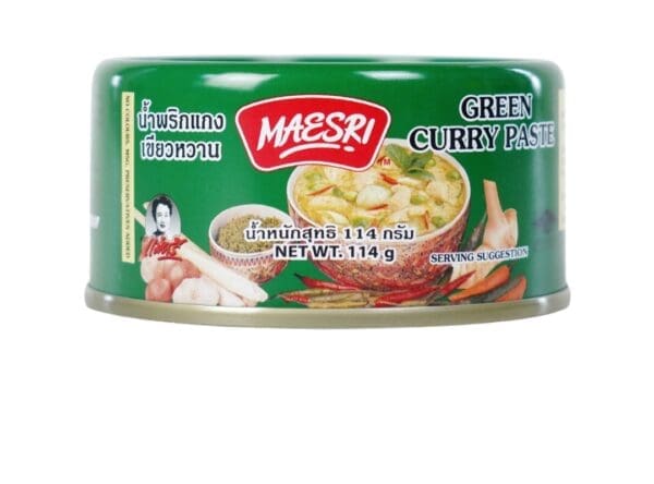 Green can labeled "MAESRI" with green curry paste, 114g, featuring curry images and text.