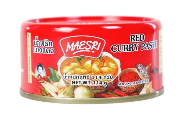Maesri red curry paste can; traditional Thai label in Thai and English, 114 grams.