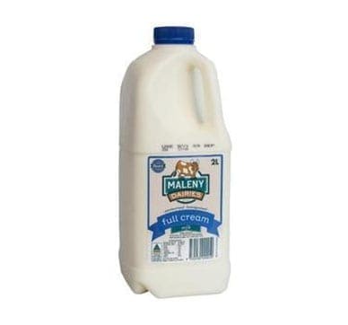 Plastic bottle with blue cap, 2L full cream milk from Maleny Dairies, cow on label.