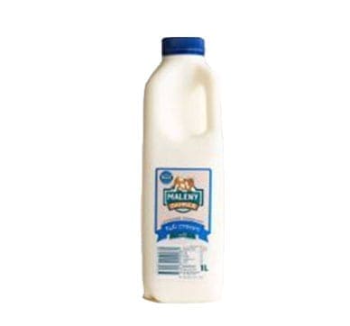 Rectangular milk bottle with blue cap, labeled "Maleny Dairies" and "full cream," 1 liter.