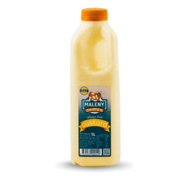 1-liter Maleny Dairies gluten-free custard bottle, yellow with orange cap and label.