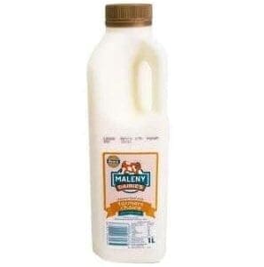 White plastic bottle with brown cap, labeled Maleny Dairies Farmer's Choice milk, 1 liter.