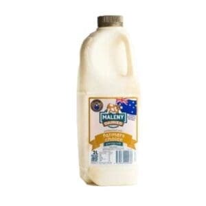 Two-liter bottle of Maleny Dairies Farmers Choice milk with label and Australian flag.