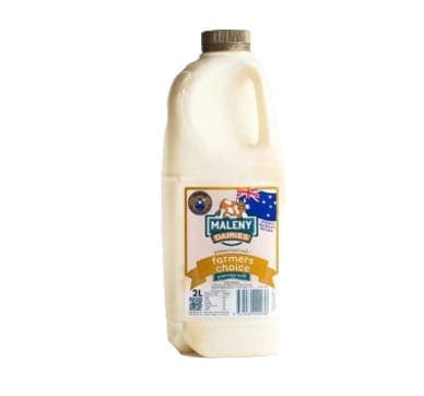 Two-liter bottle of Maleny Dairies Farmers Choice milk with label and Australian flag.