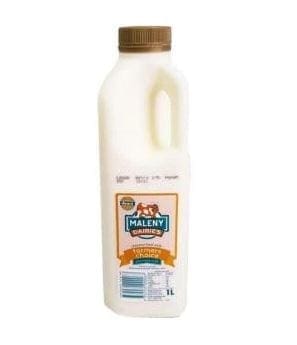 White plastic bottle with brown cap, labeled Maleny Dairies Farmer's Choice milk, 1 liter.