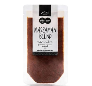 Massaman Blend spice packet from Zest, gluten, dairy, sugar-free, mild-medium heat.