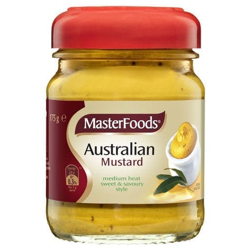 Jar of MasterFoods Australian Mustard, 175g, red lid, medium heat, sweet and savory style.