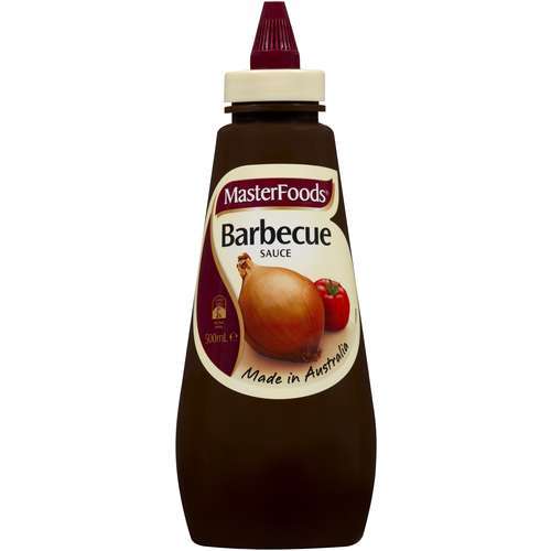 Bottle of MasterFoods Barbecue Sauce, 500ml, with onion and tomatoes on label. Made in Australia.