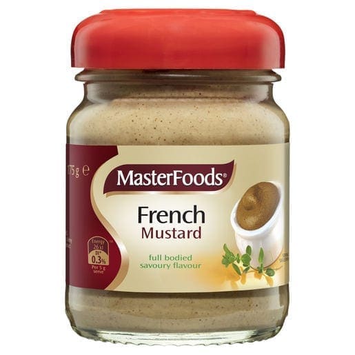 Jar of MasterFoods French Mustard with red lid, 175g, savory flavor label.