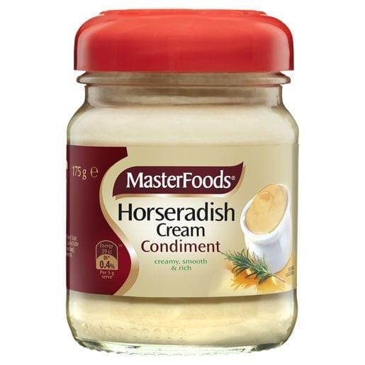 A 175g jar of MasterFoods Horseradish Cream Condiment with nutritional details and red lid.