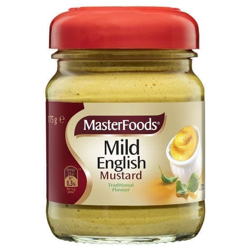 Jar of MasterFoods Mild English Mustard, 175g, with red lid and traditional flavor label.
