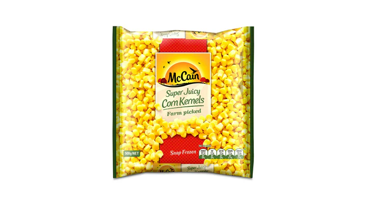 McCain Super Juicy Corn Kernels package, farm-picked and snap frozen, 500g.