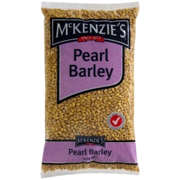McKenzie's Pearl Barley package, purple, 500g, with visible grains and quality checkmark.