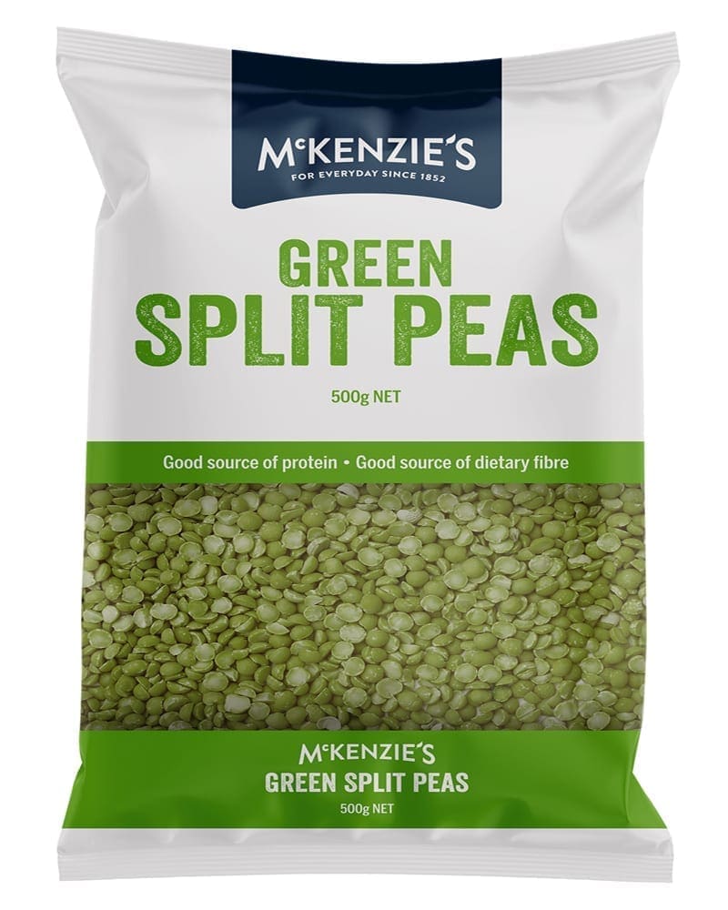McKenzie's 500g green split peas package; protein and dietary fiber source.