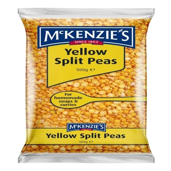 Package of McKenzie's 500g yellow split peas for soups and curries.