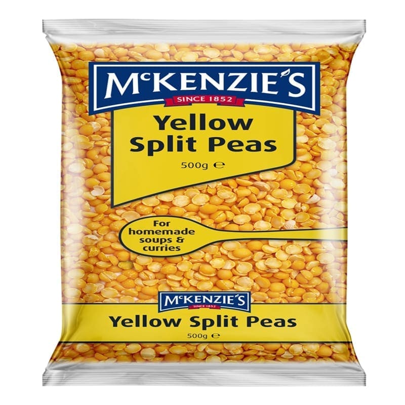 Package of McKenzie's 500g yellow split peas for soups and curries.