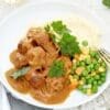 Meat in brown sauce with herbs, mashed potatoes, mixed vegetables, fork on plate.