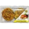Plastic package with two meat-free cheese and veggie burger patties; low sugar.