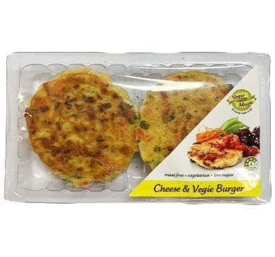 Plastic package with two meat-free cheese and veggie burger patties; low sugar.