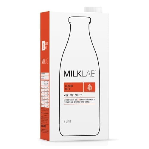 One-liter Milklab Almond Milk carton for coffee, featuring a minimalist design.